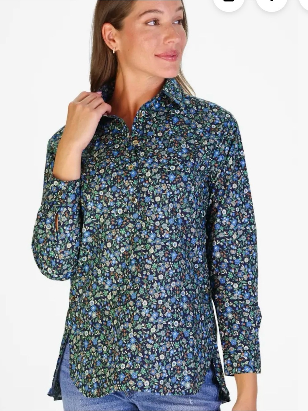 Duffield Lane Savannah Tunic Top Green Floral Preppy